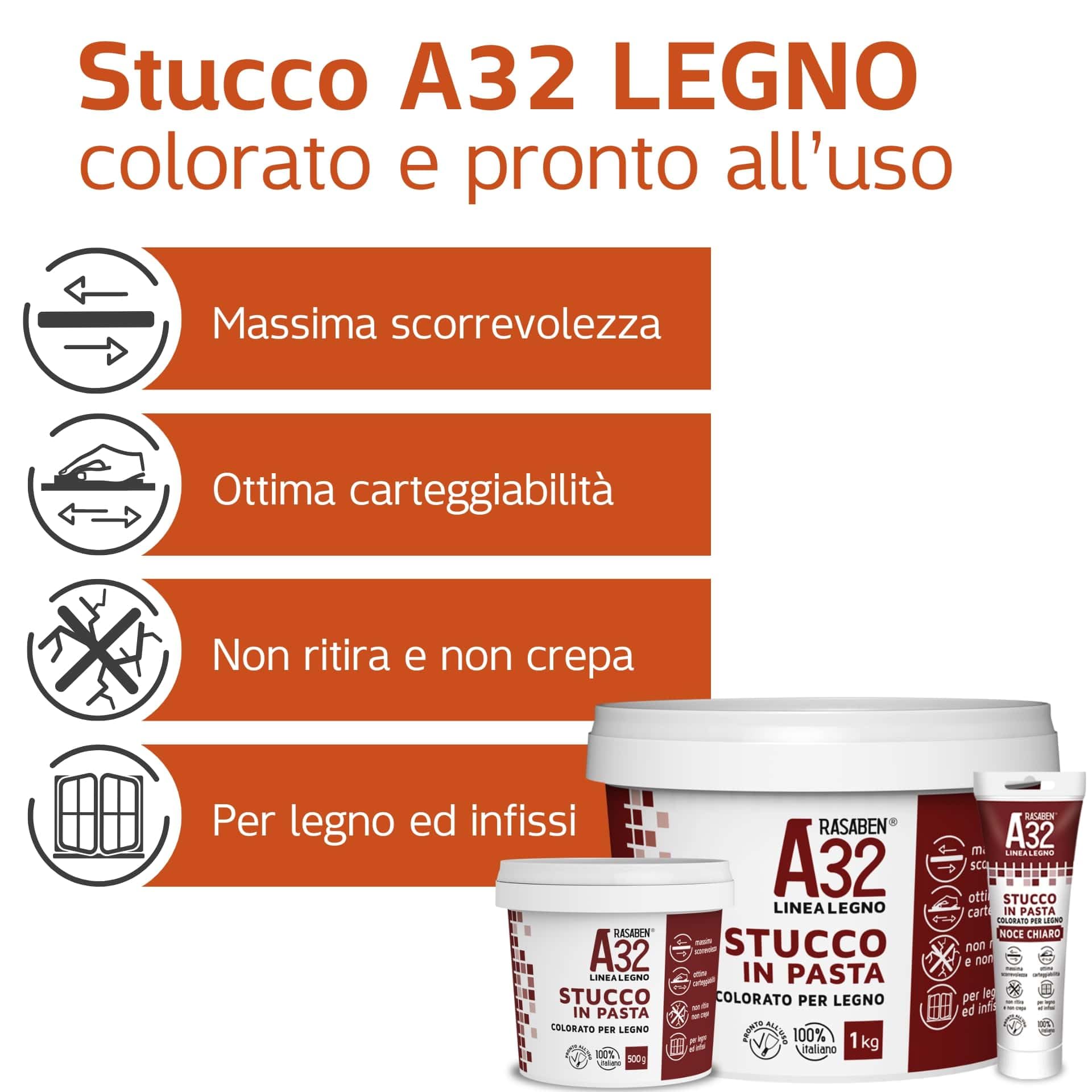 RASABEN - Stucco in Pasta A32 Color Douglas, Specifico per Legno, Pronto all'Uso, Ottima Carteggiabilità, Non Ritira o Crepa, per Mobili e Infissi, Uso Interno, Made in Italy, Barattolo da 0,5kg