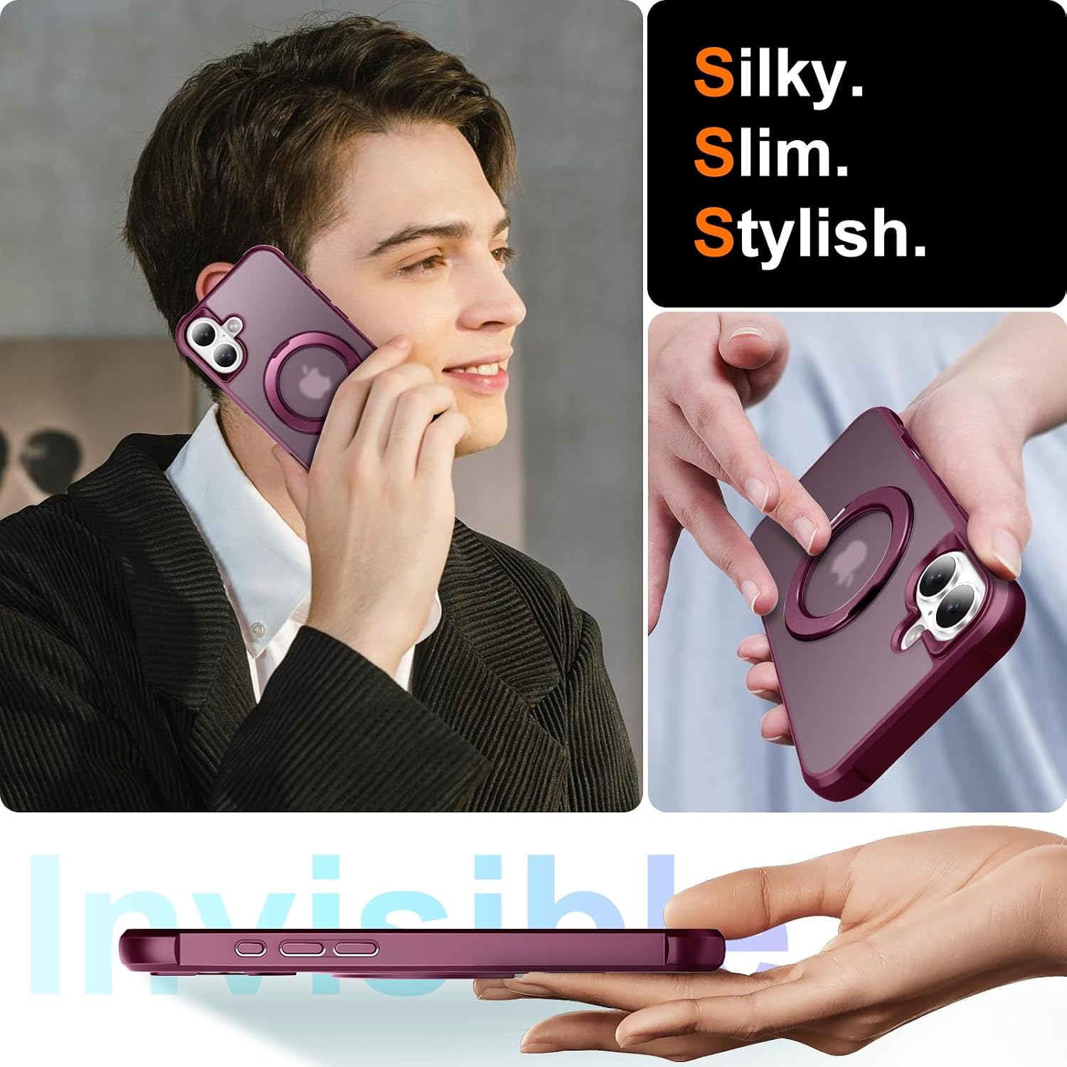 360° Magnetic Swivel Ring for iPhone 17 case, Built-in Metal Stand and Ring Holder, Magsafe Compatible, Military Grade Protection, Shock and Vibration Resistant - Wine Red