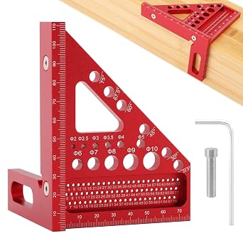 3D Multi-Angle Measuring Ruler, 22.5/30/45/60/67.5/75Degree Aluminum Alloy Woodworking Square Protractor Multi Hole Miter Triangle Ruler Woodworking ToolRed
