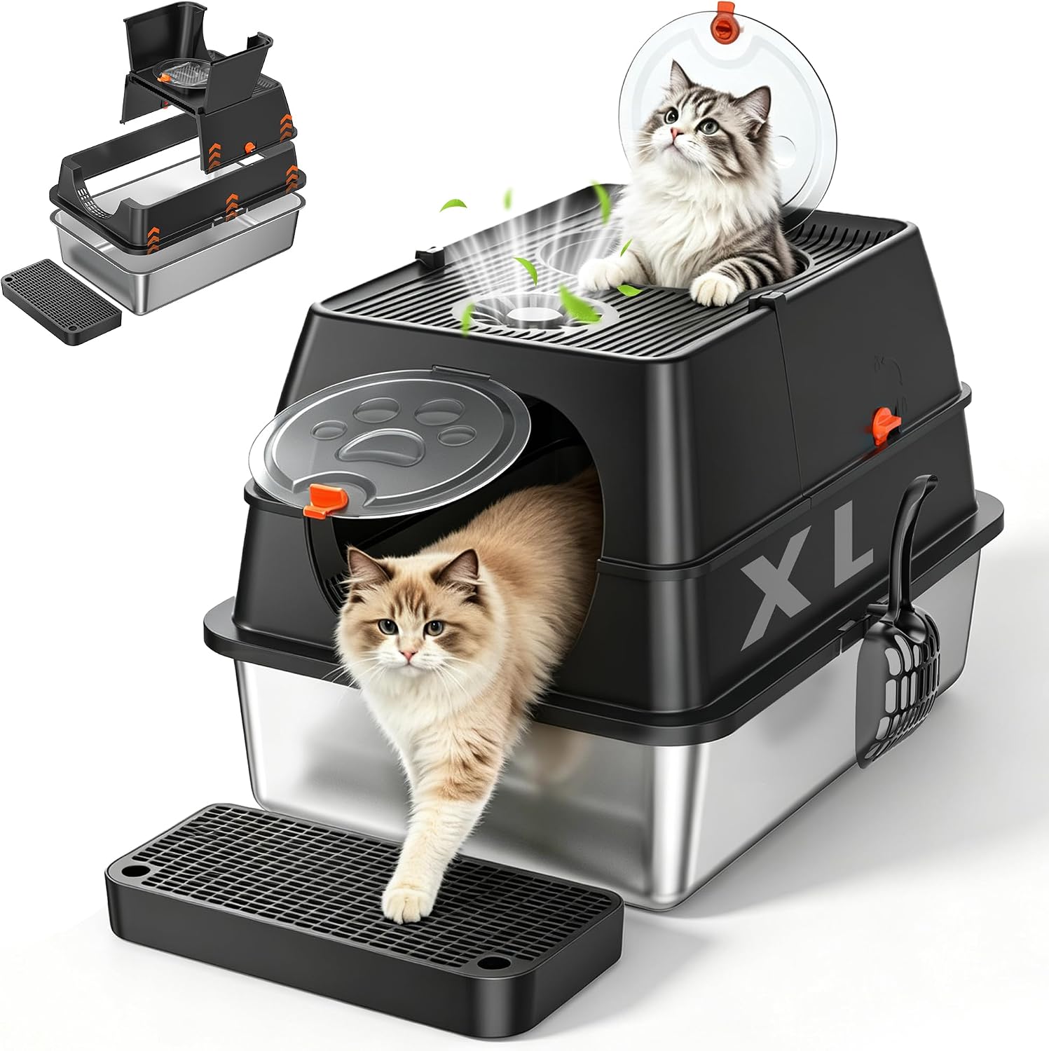 XL Stainless Steel Litter Box with Lid, Flip-Top Hood, Black