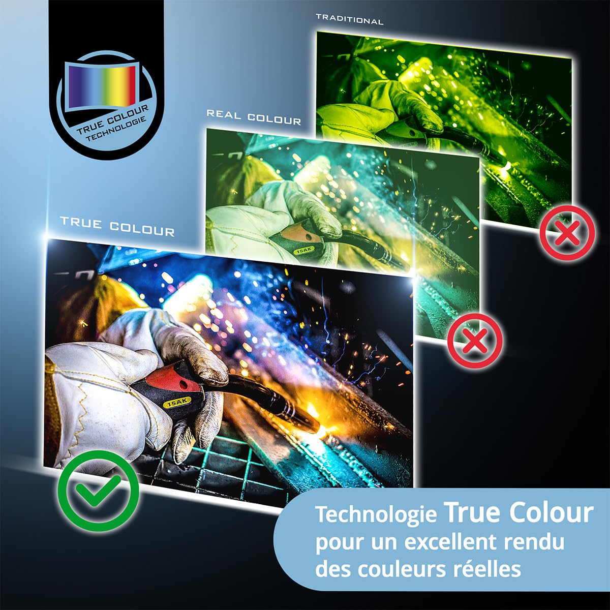 STAHLWERK Casque de soudage Automatique 3-en-1 Worker – Casque de Soudeur True Colour, obscurcissement Automatique DIN 4-13, Classe Optique 1/1/1/2, Champ de Vision 96 x 39 mm, écran de soudage