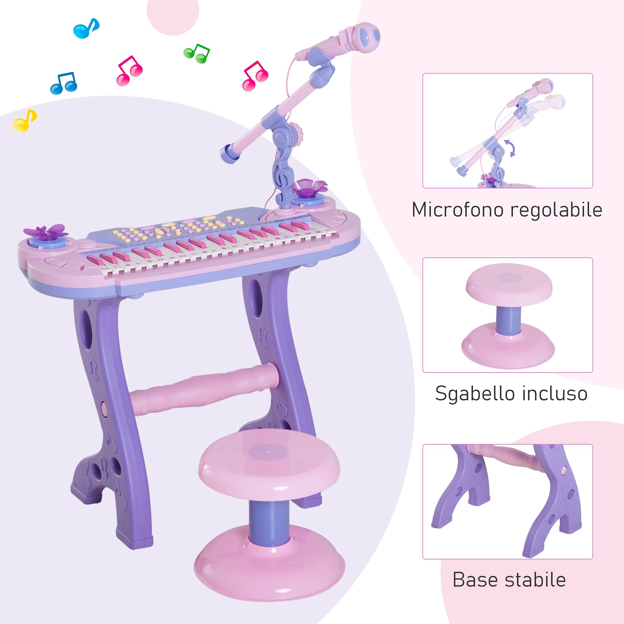 HOMCOM Pianola per Bambini a 37 tasti con Sgabello e Microfono, Rosa