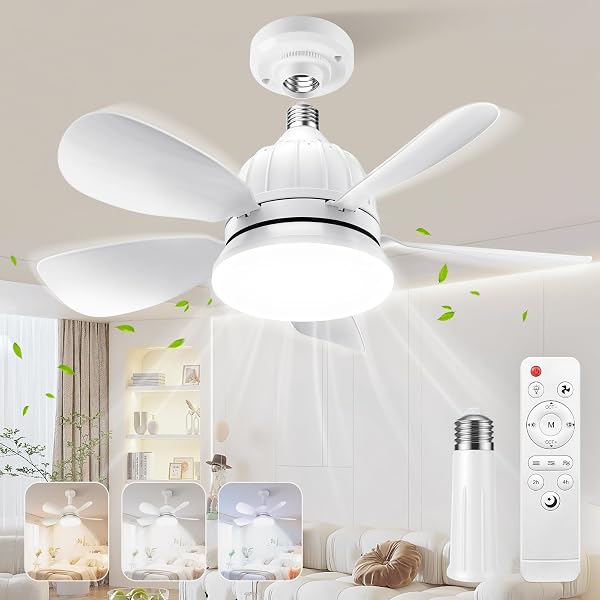 OSTIVE Socket Fan Light with Remote: 18 Small Ceiling Fans with Lights, 2000 Lumens Dimmable Led Bulb, 3 Colors 3000K-65