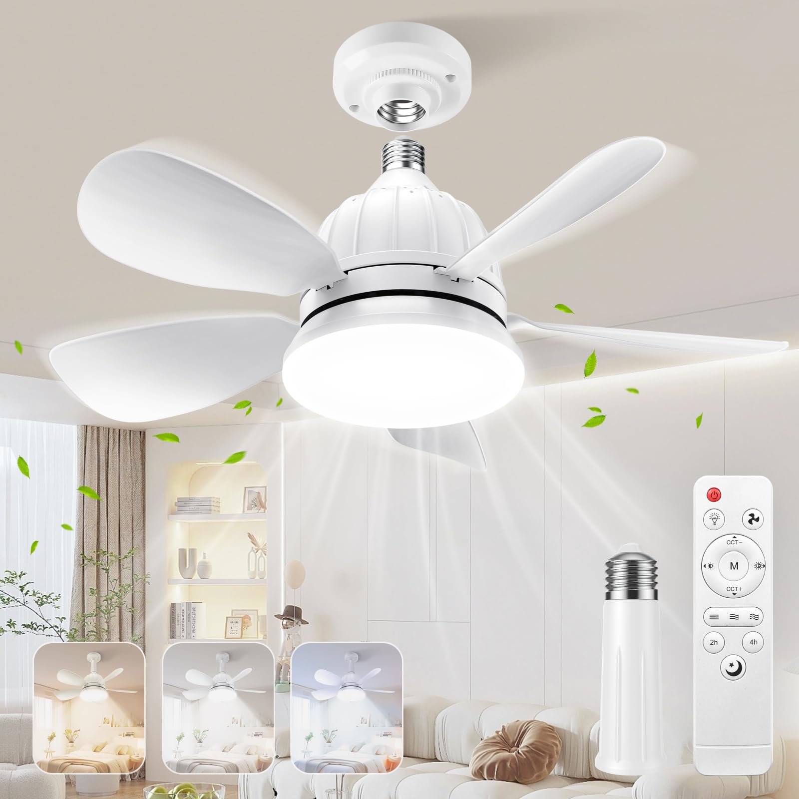 OSTIVE Socket Fan Light with Remote: 18'' Small Ceiling Fans with Lights, 2000 Lumens Dimmable Led Bulb, 3 Colors 3000K-6500K, Easy Install Screw in E26 Base for Bedroom Living Room Kitchen Garage
