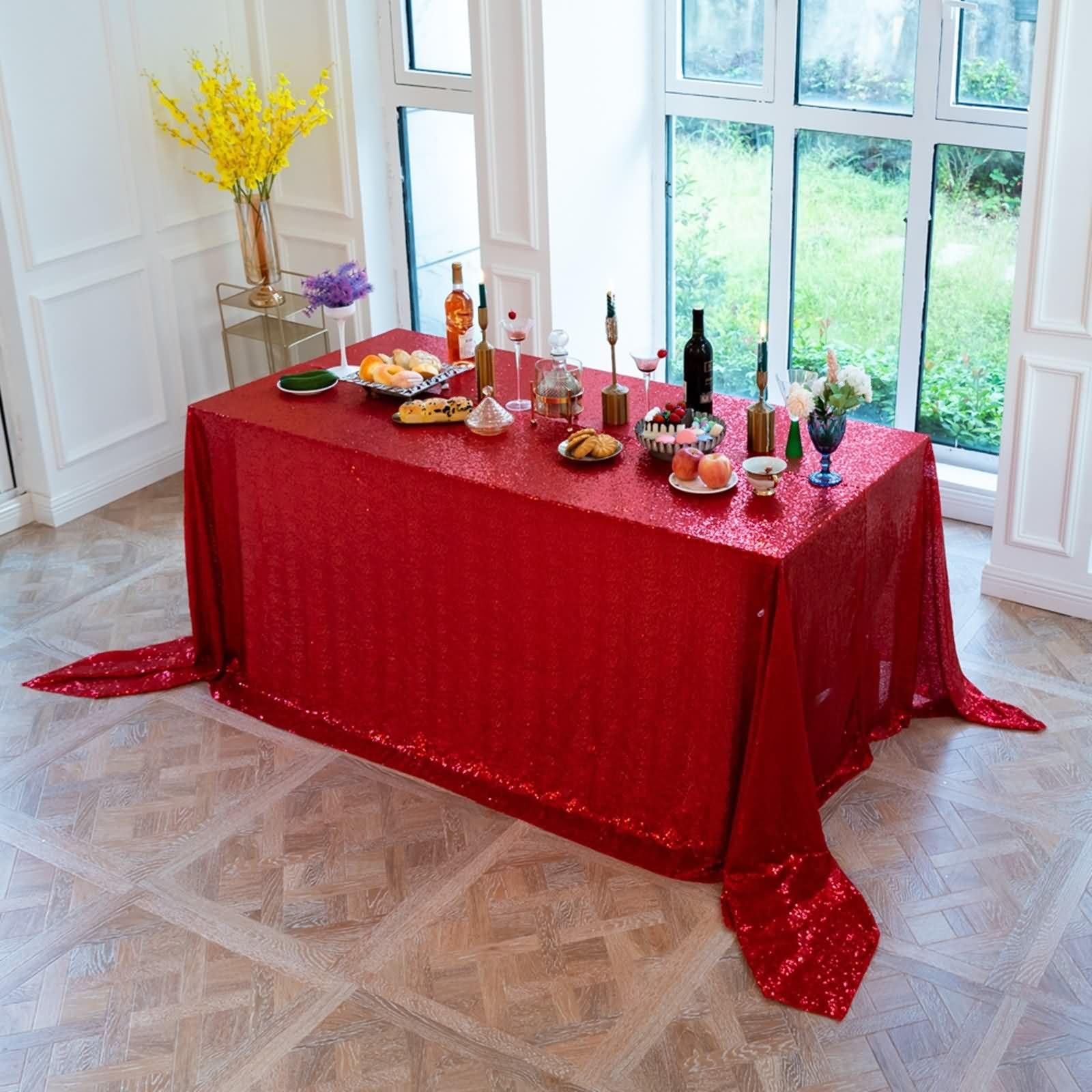 Mantel Rectangular Rojo Antimanchas Exterior, Color Sólido con Lentejuelas, de Poliéster Fácil de Limpiar, 153 x 300 cm, Mantel para Jardín y Terraza