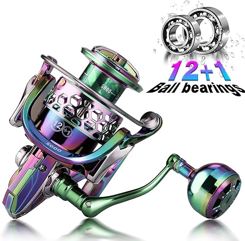 Miniatura 4 de Sougayilang Carrete de pesca, carretes giratorios de marco de aluminio colorido con 12+1 BB inoxidable, mango de aluminio de gran tamaño para pesca