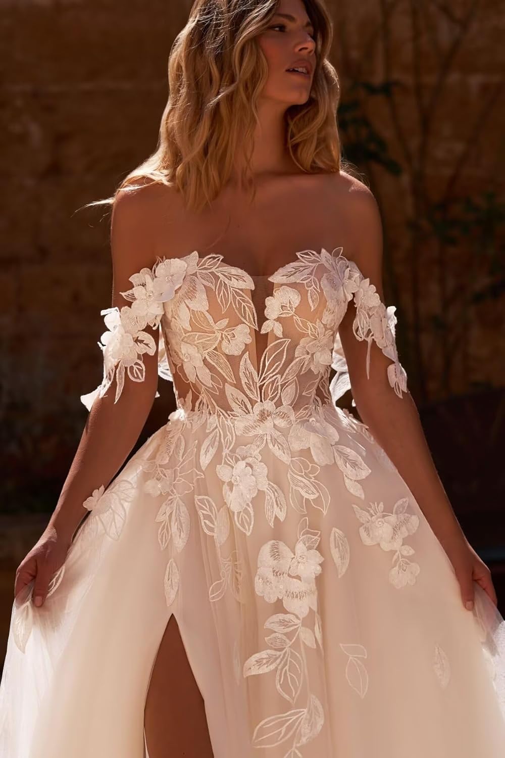 Off Shoulder Wedding Dress for Bride Sweeheart Floral Tulle Bridal Gown with Slit