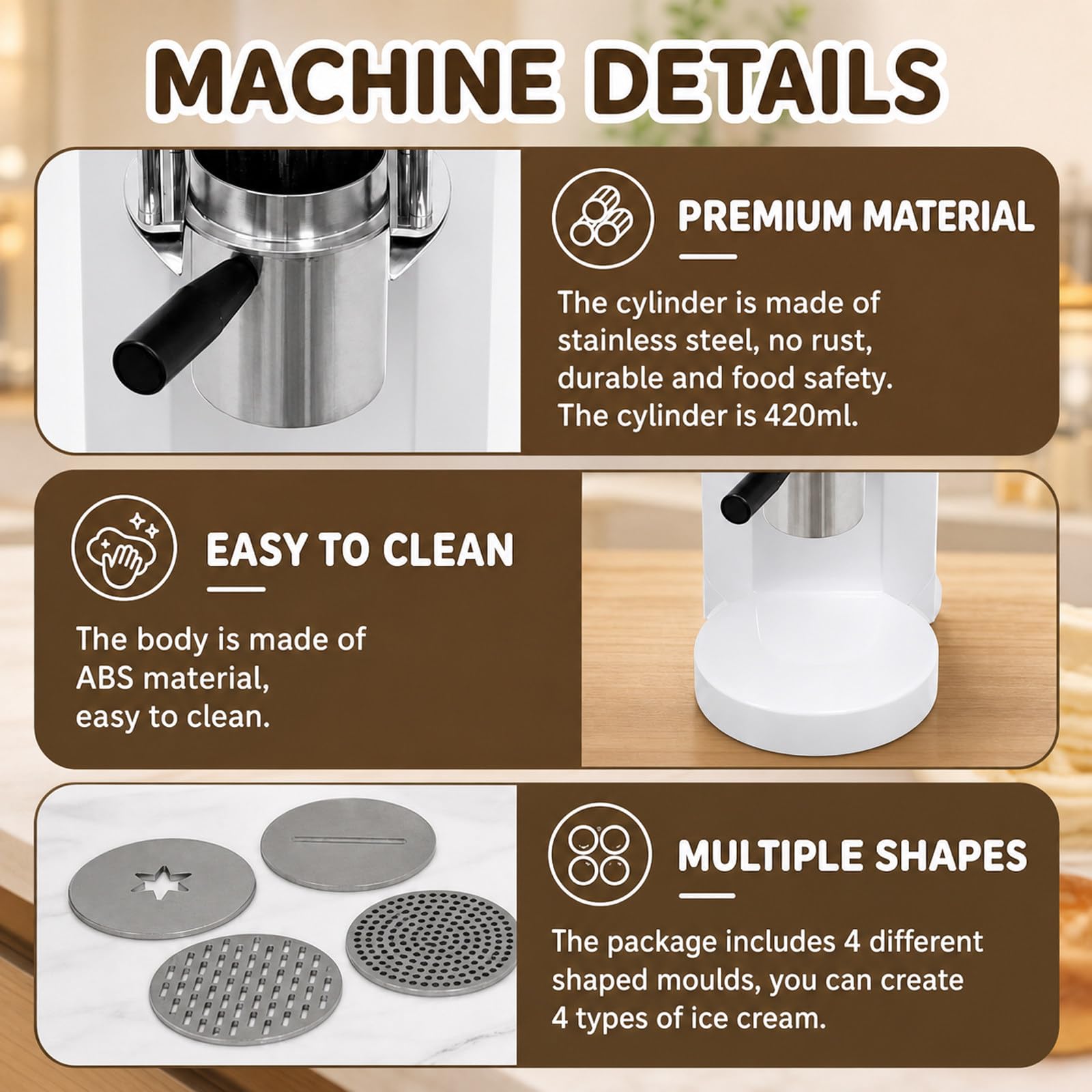 Macchina per Gelato Professionale, MáQuina para Hacer Helado Tipo Espagueti, Fácil manejo con una Sola Mano, Estructura Ligera, para Hacer Helado de Pasta, para Food Trucks White