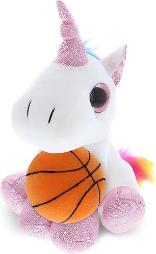 DolliBu Peluche de unicornio blanco con peluche de baloncesto, unicornio suave y abrazable, adorable juguete de peluche, juguete de peluche