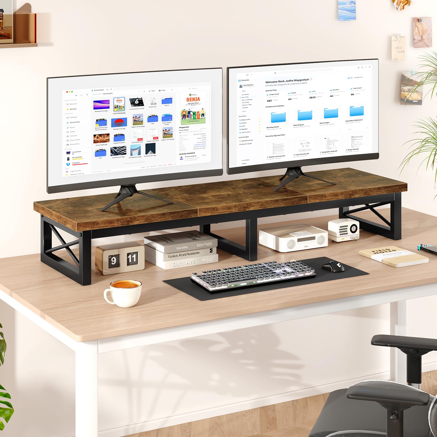 IBUYKE Mobile TV da 32-60 inch TV, Mobiletto Basso per TV a 2 Ripiani,scrivania per ufficio a doppio schermo,Mobile TV per Soggiorno e Camera da Letto,Marrone rustico TVT002H