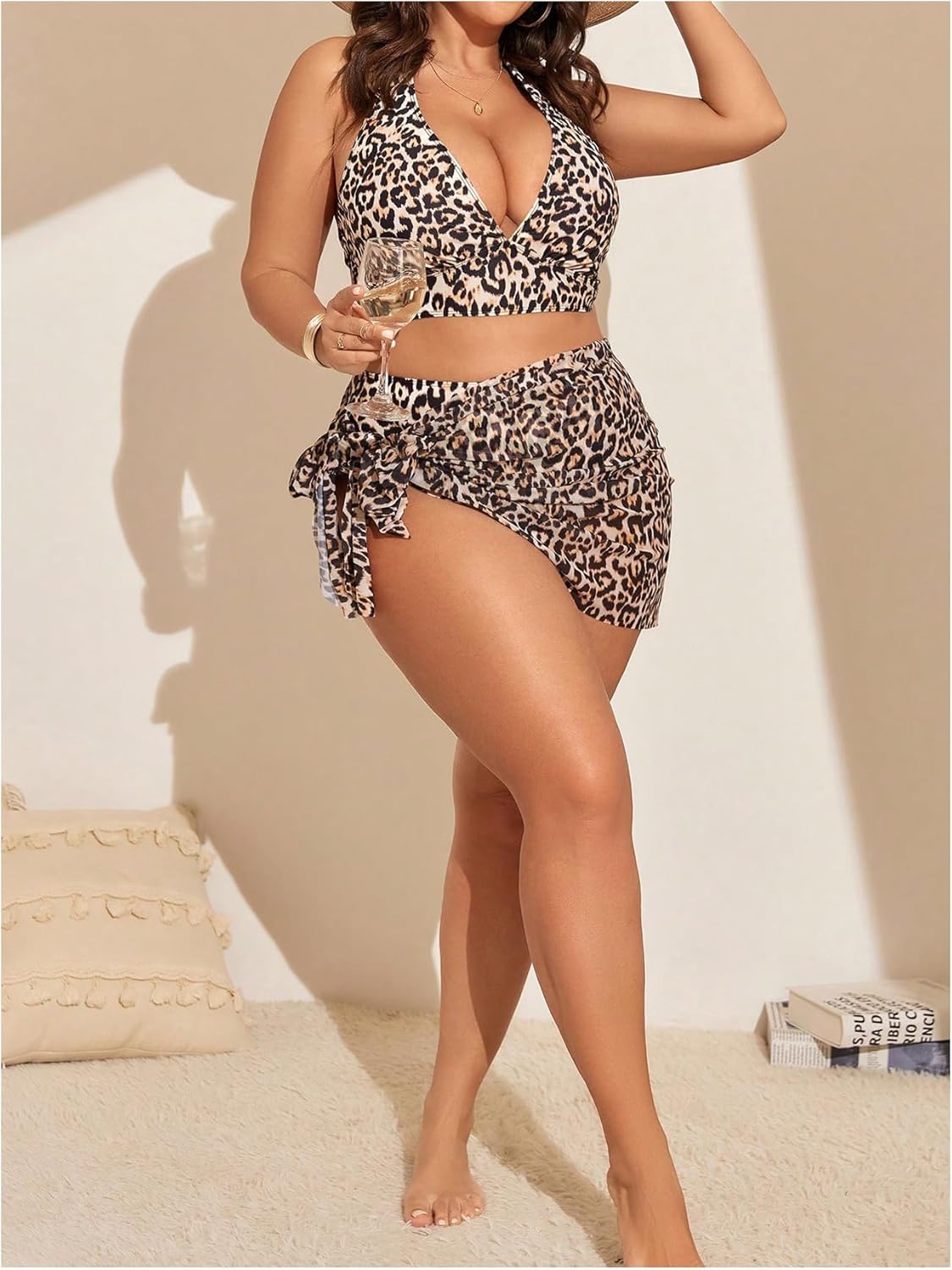 MakeMeChic Women's Plus Size Leopard Print Bikini Set Halter Backless Bathing Suit with Cover Up Skirt