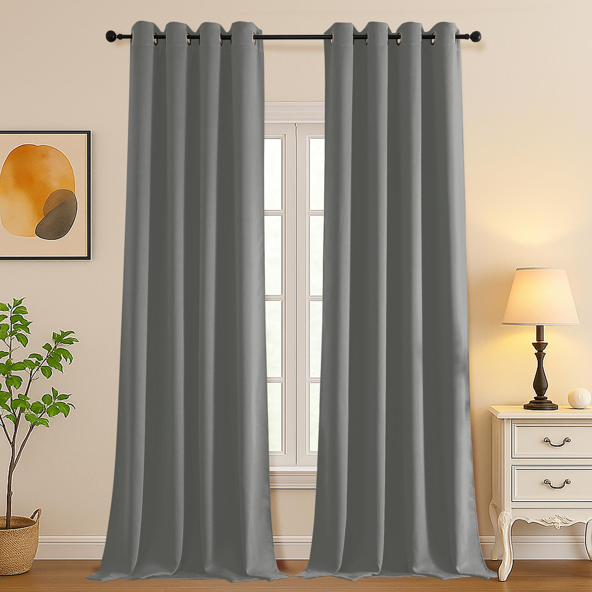 Simplebrand Light Grey Room Darkening Curtains for Bedroom Living Room 108 Inches Long 2 Panels Set, Thermal Insulated Curtains &amp; Drapes, Solid Grommet Noise Reducing Window Treatment, W50 x L108 Inch