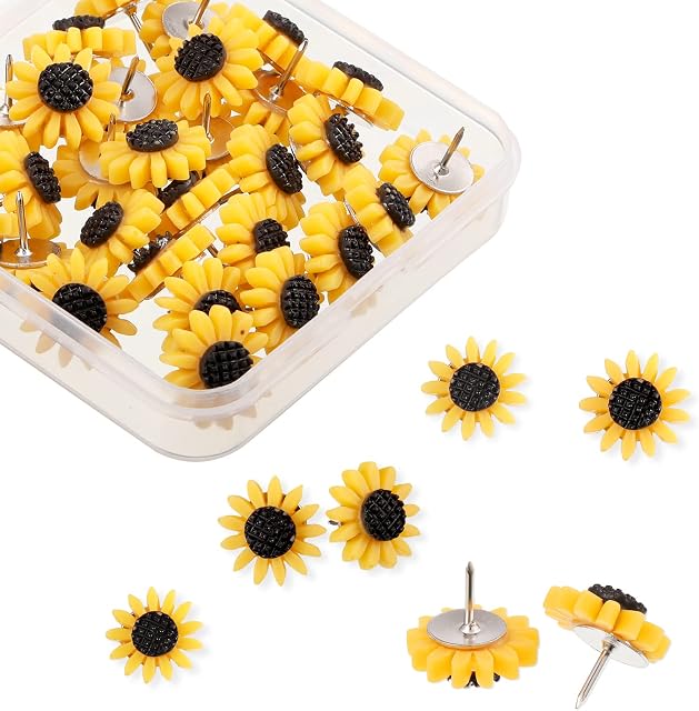 30 Pcs Sunflower Thumbtacks Push Pins, Cute Decorative Tacks for Cork Board Tacks for Photo Map Bulletin Board, Offices Schools Thumb Tacks, Flower Pins with Storage Box (7.7cm*1.7cm)