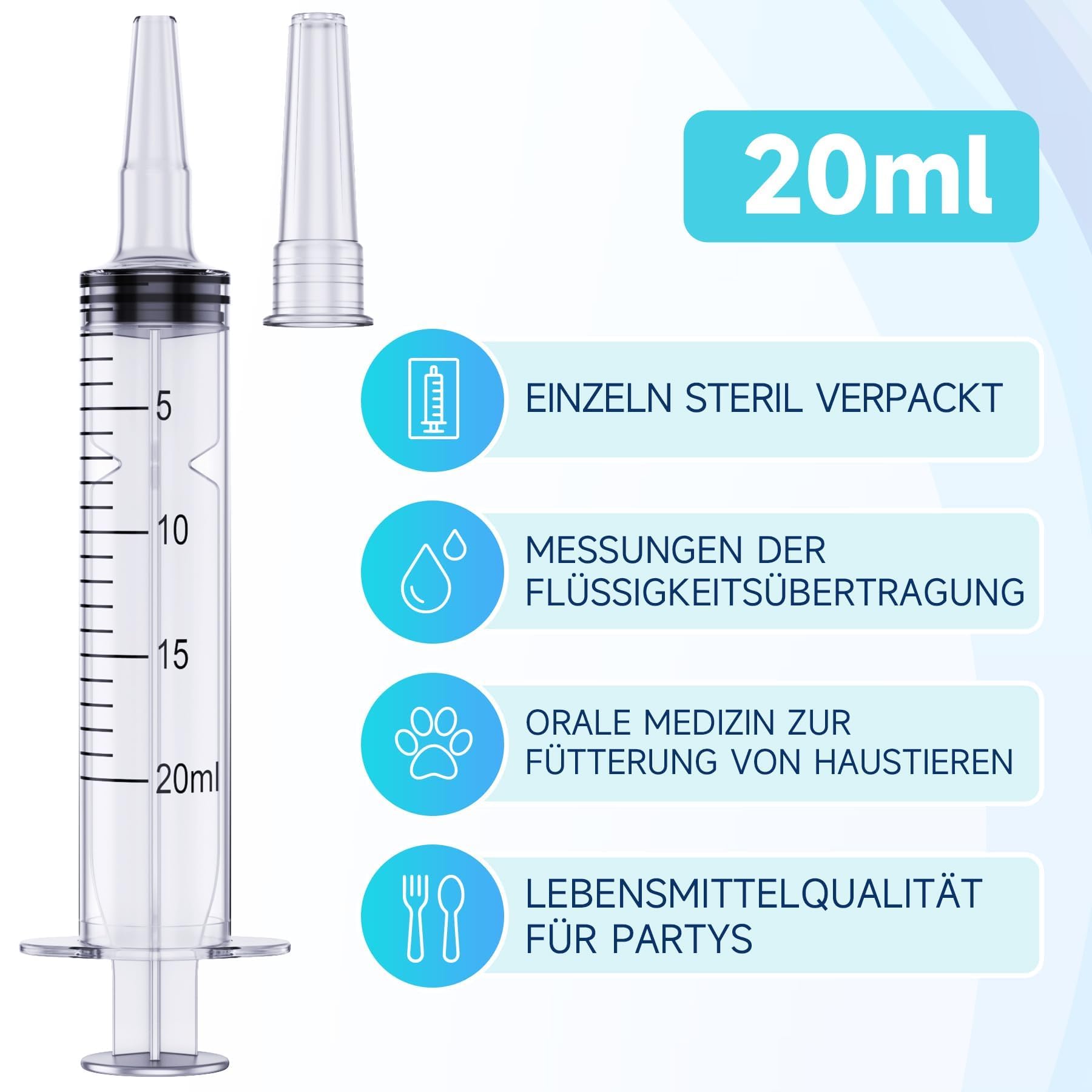 Paquete de 15 jeringas de 20 ml para líquido, líquido, jeringas de plástico, jeringas con tapa y punta de catéter, sellado individual (sin aguja)