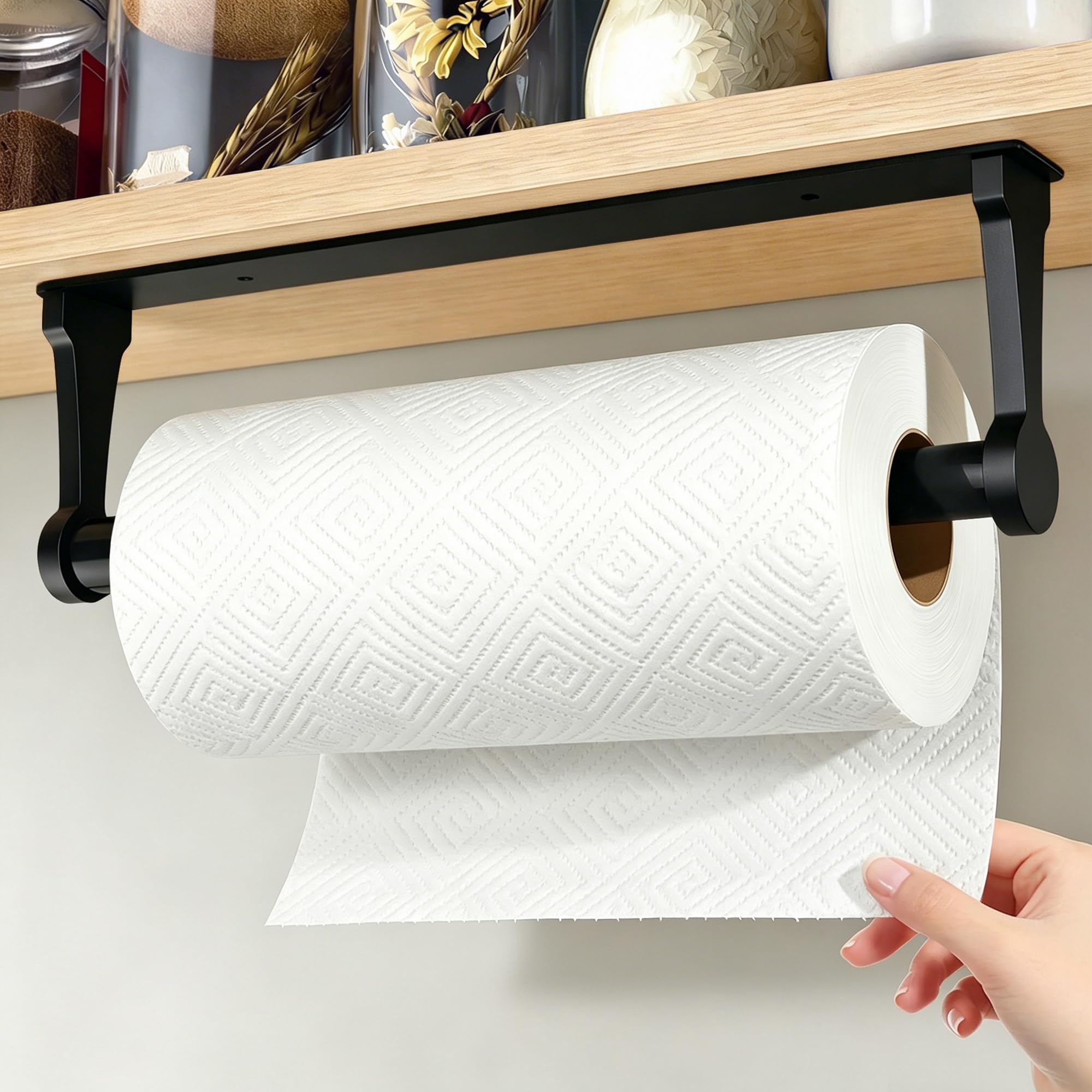 Gewtur Kitchen Roll Holder Under Cabinet, Matte Black Kitchen Roll Paper Holder Wall Mounted Self Adhesive for RV,Pantry,Bathroom