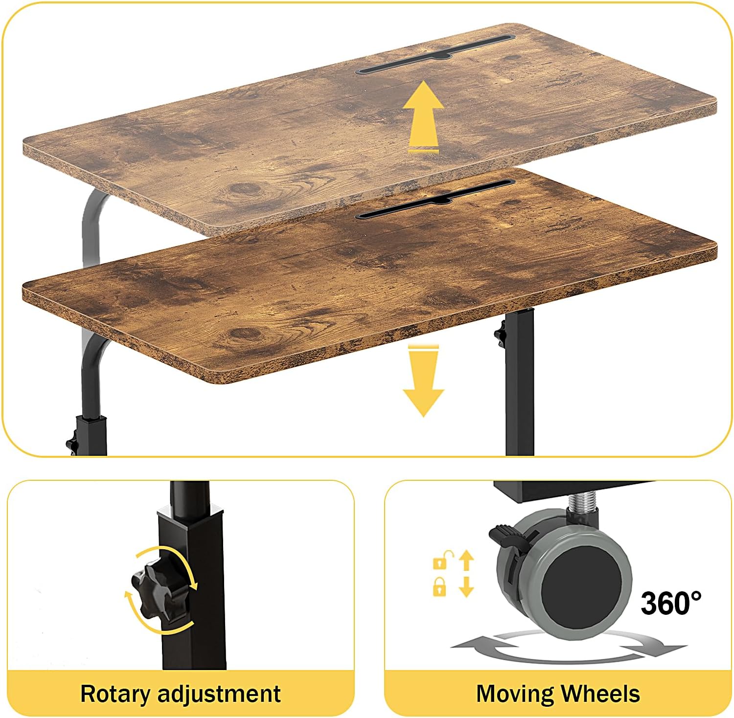 SogesPower 31.5 inches Mobile Laptop Desk with Slot Adjustable Side Table Computer Stand for Bed Sofa,Rustic Brown