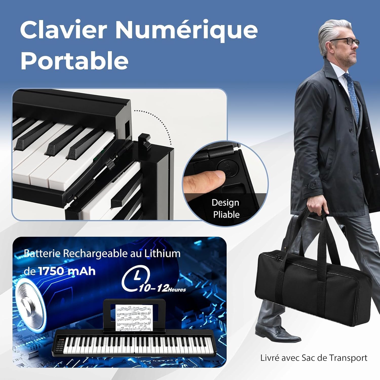 GOPLUS Piano Digital 61 Teclas Portátil, Piano Eléctrico Teclado Plegable con MIDI Bluetooth, 128 Tonos, 128 Ritmos, Pedal y Bolsa de Transporte, Piano Multifuncional para Niños y Principiantes