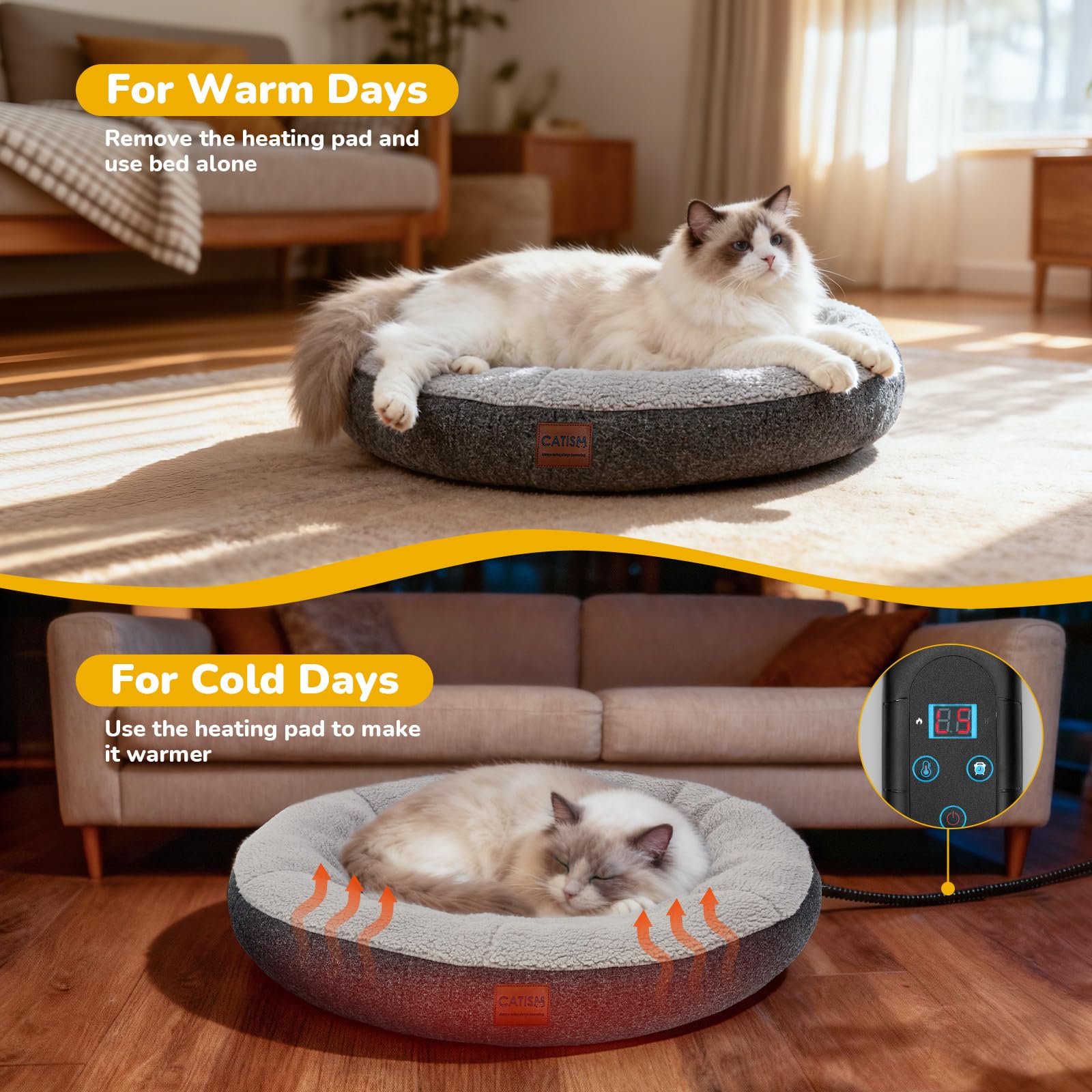 CATISM Beheiztes Katzenbett Heizmatte, Haustier Heizdecke Katzenkissen Heizungsliege Katzenhöhle, Timing & Temperatur Einstellbar Sicher Elektrisch Haustier Katzenkorb für Katzen 48 * 30 * 10cm