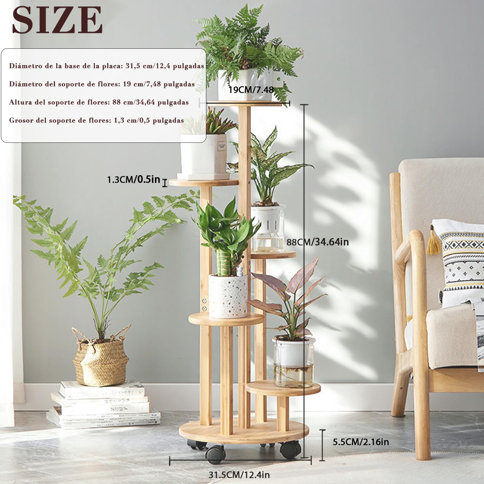 Soporte para flores de bambú con ruedas, 5 niveles, 90 cm, estantería esquinera de madera para plantas, para balcón y exterior, chasis de 33 cm de diámetro