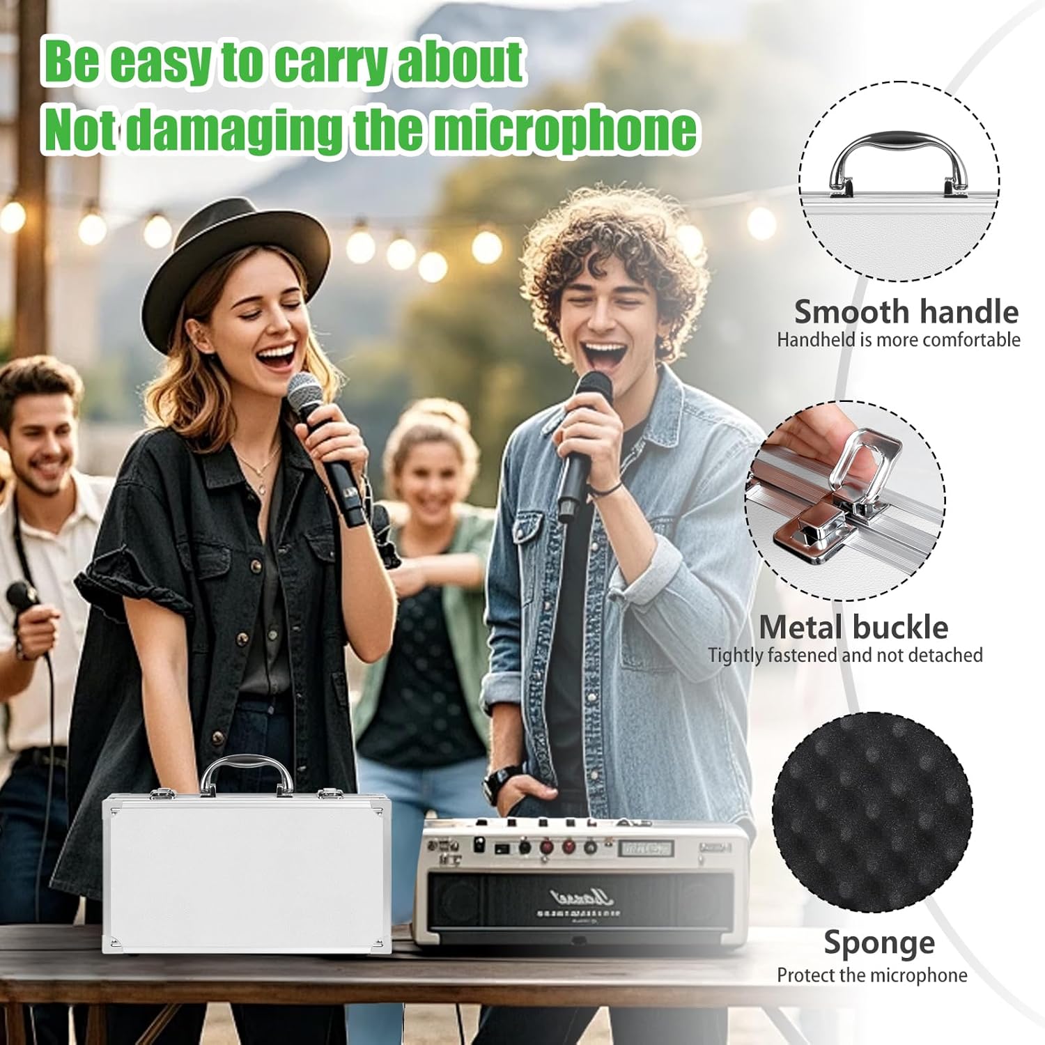 Professional Microphone Case, Hard Shell Carrying Case for 2 Wireless Mics, Aluminum Frame with Foam Interior, white