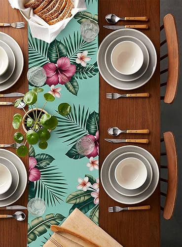 Miniatura 2 de Greeeen Camino de mesa de lino y algodón caminos de mesa de cocina tropicales para cena familiar banquetes fiestas y celebraciones hibisco hamabo