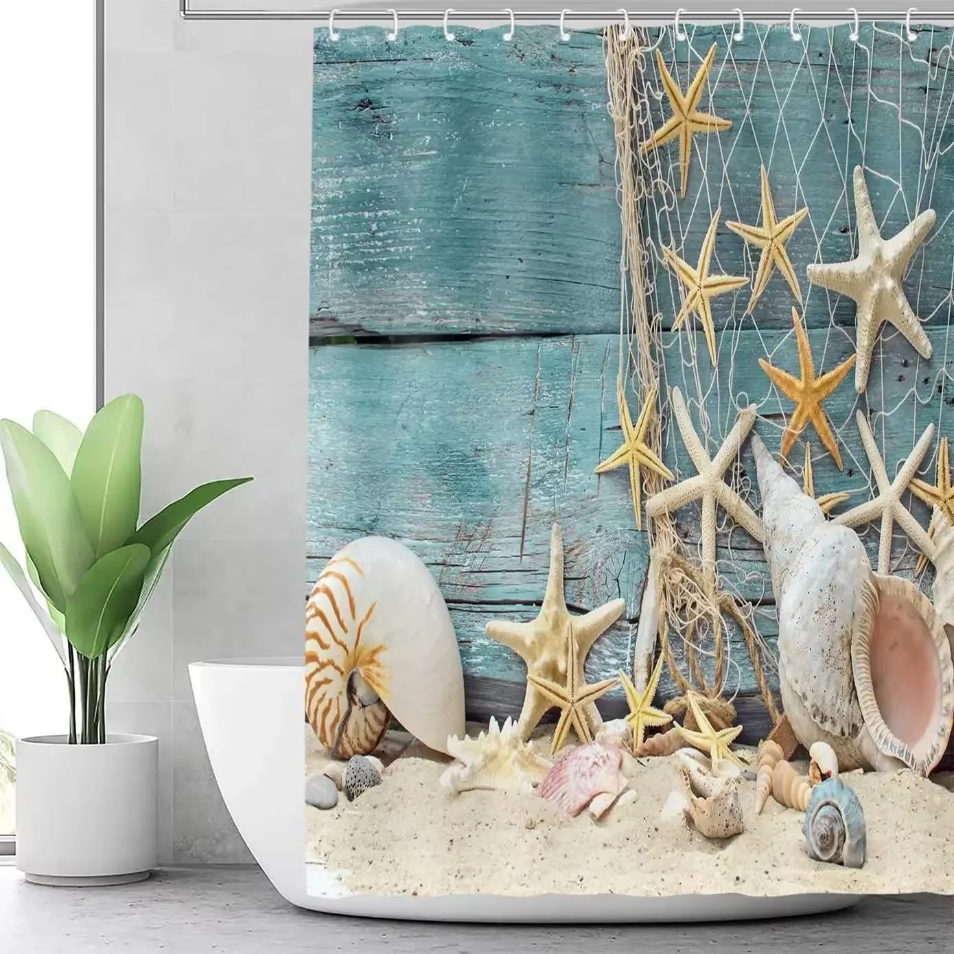 YEGRFJIS Coastal Starfish Seashell Shower Curtain 130x245cm(WxL) – Summer Beach Nautical Decor Bathroom Curtain, Polyester Fabric Shower Curtain and Bathroom Curtain for Home