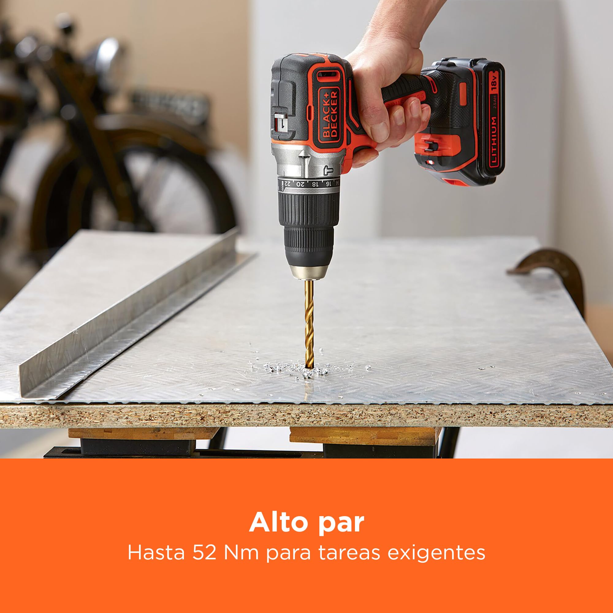 BLACK+DECKER Taladro percutor inalámbrico de 18V con 2 baterías de 2,5Ah, velocidad variable, 2 engranajes, 52Nm de par, POWERCONNECT, BL188E2K-QW