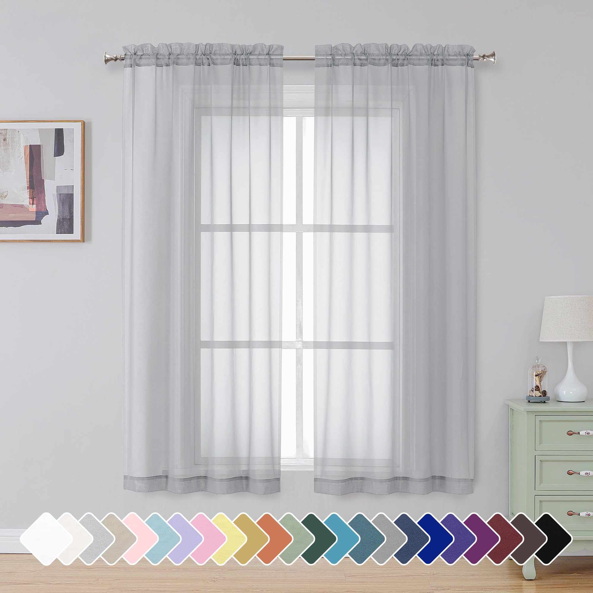 Simplebrand Light Grey Sheer Curtains 63 Inch Length 2 Panels for Bedroom