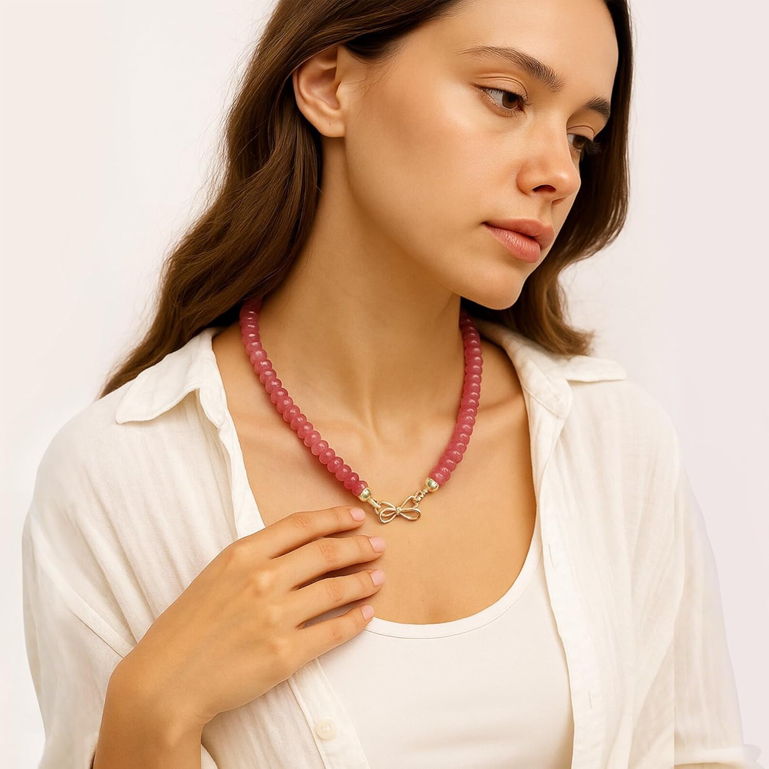 Beaded Gemstone Necklace for Women, Natural Bead Choker Necklace, Handmade Surfer Beach Necklace 14K Gold Plated Trendy Jewelry Gift for Women Girls Teens - Image 3