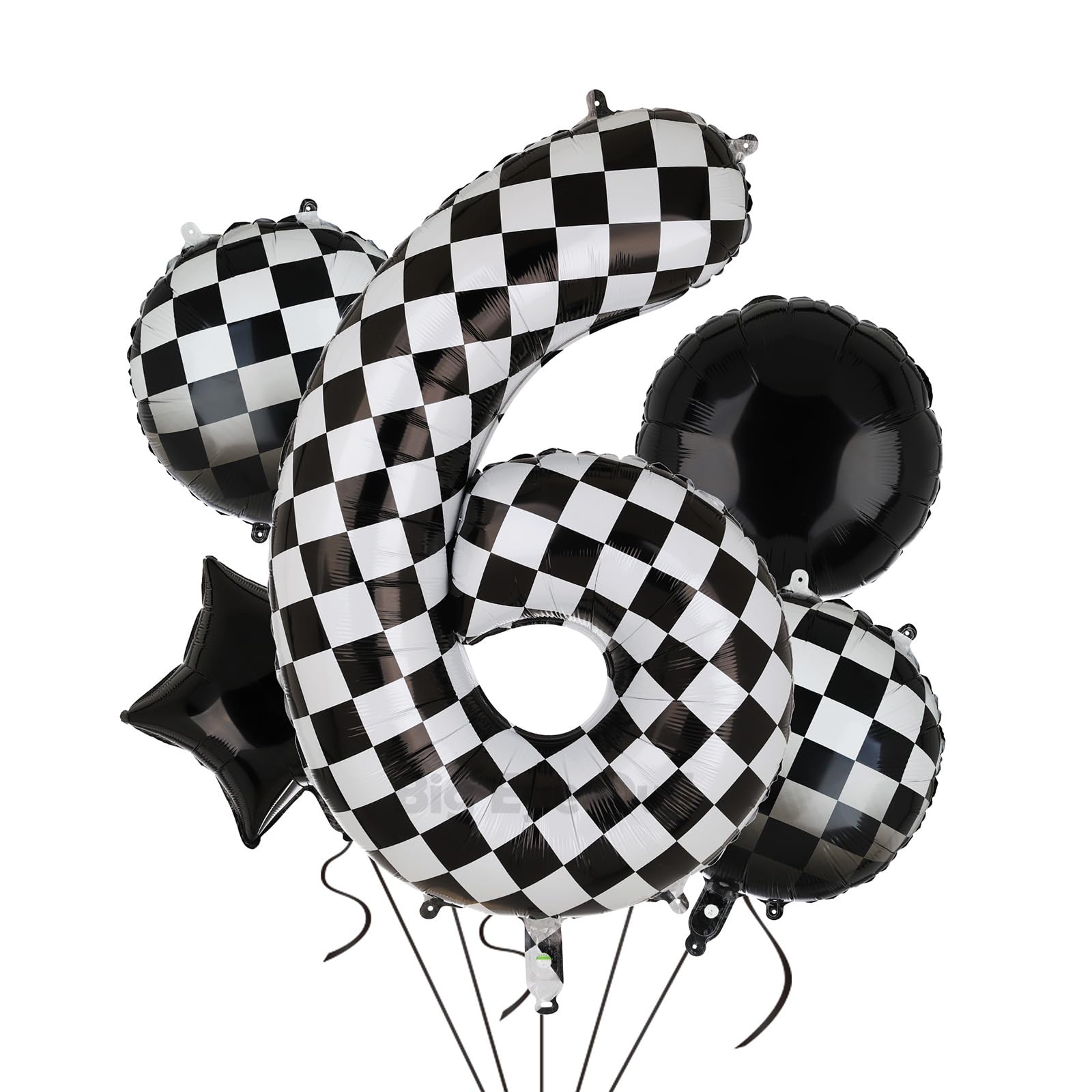 XXL Checkered Zahl 6 Folienballons Schwarz Weiß Rennauto Ballon 5 Stück Mylar Helium Zahlen 6 Rennwagen Autos Luftballon Party Deko Geburtstags Race Car Theme 100cm