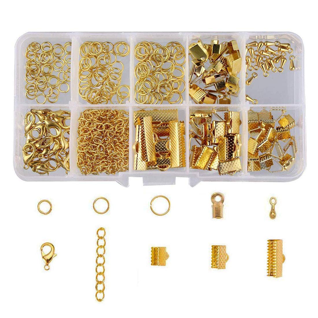 200pcs Open Jump Rings, Lobster Clasps, Drop Ends, Extension Chain, Fold Over Cord Ends, Ribbon Clamp Ends Jewelry Making Findings Supplies Kit for Bracelets Necklaces Earrings(Gold)
