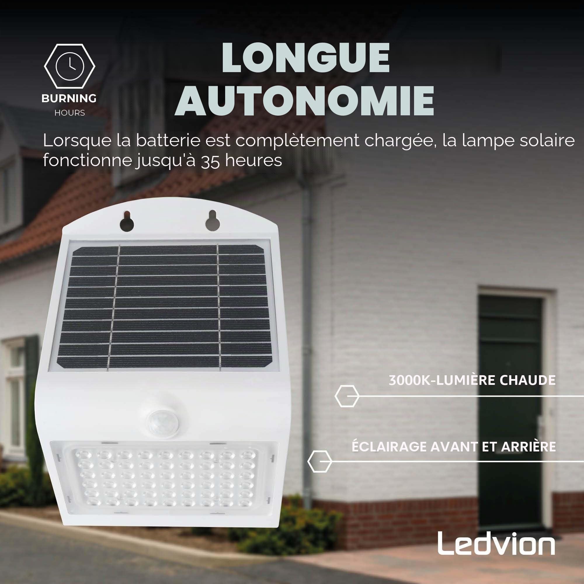 Ledvion - Applique LED Solaire Moderne, 4W, 3000K, IP65, Blanche, 220 Lumens, avec Détecteur de Mouvement, Énergie Solaire, Économe en Énergie & Résistante aux Intempéries
