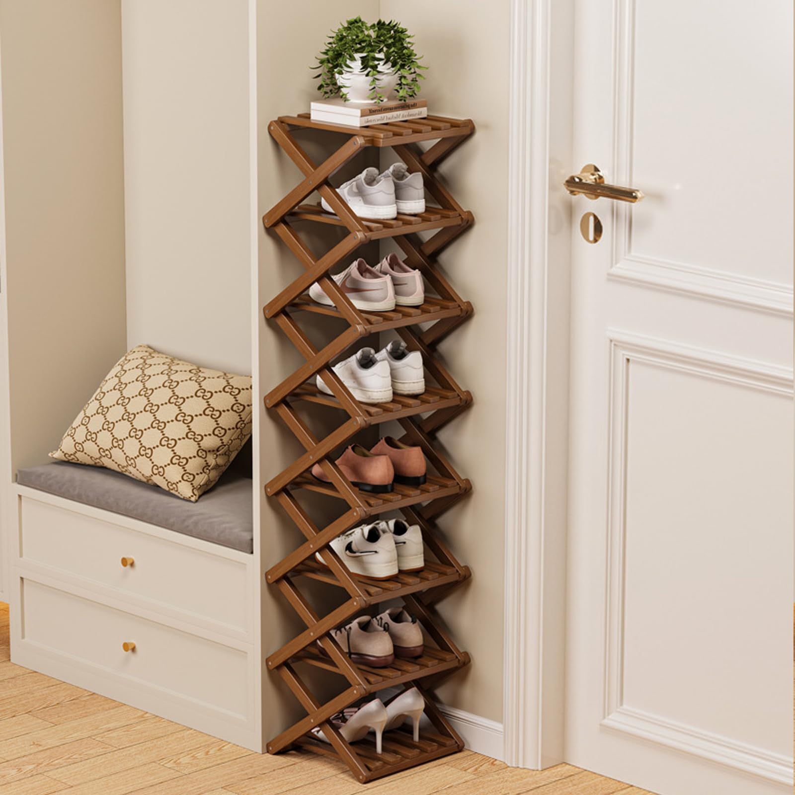 Scarpiera Pieghevole Stretta Verticale Salvaspazio Organizer In Bambù Struttura Stabile Scarpiera Angolare Pieghevole Senza Montaggio Per Piccoli Appartamenti Bagno Brown 8-tier