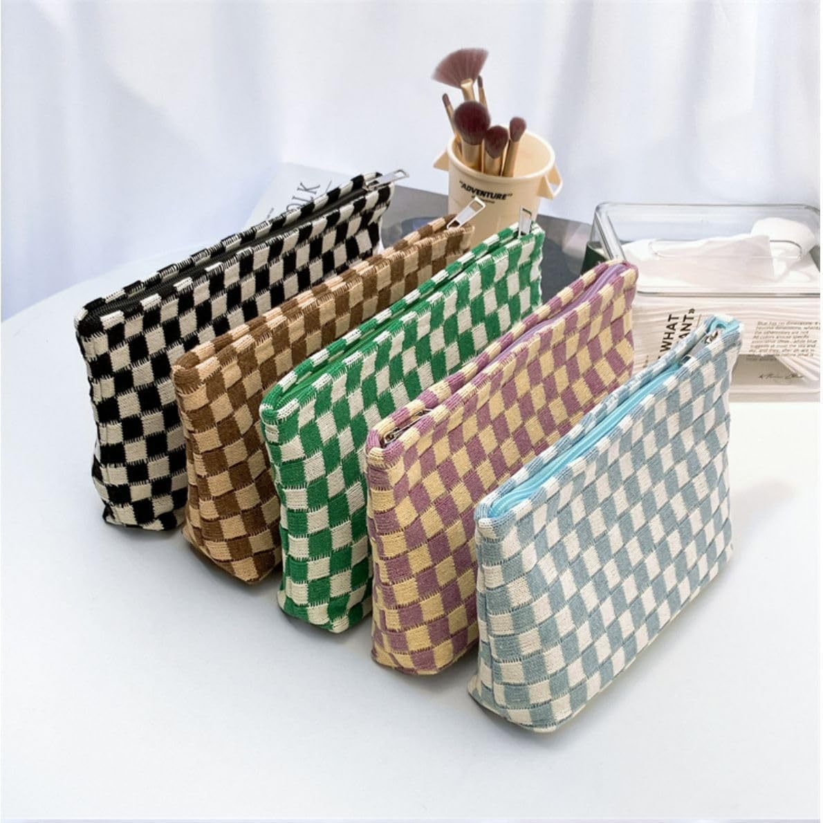 KOTORA 3 Pieces Makeup Bag Large Small Checkered Cosmetic Bag Capacity Canvas Travel Toiletry Bag Organizer Cute Makeup Brushes Aesthetic Accessories Storage Bag for Women (Black) - Image 8