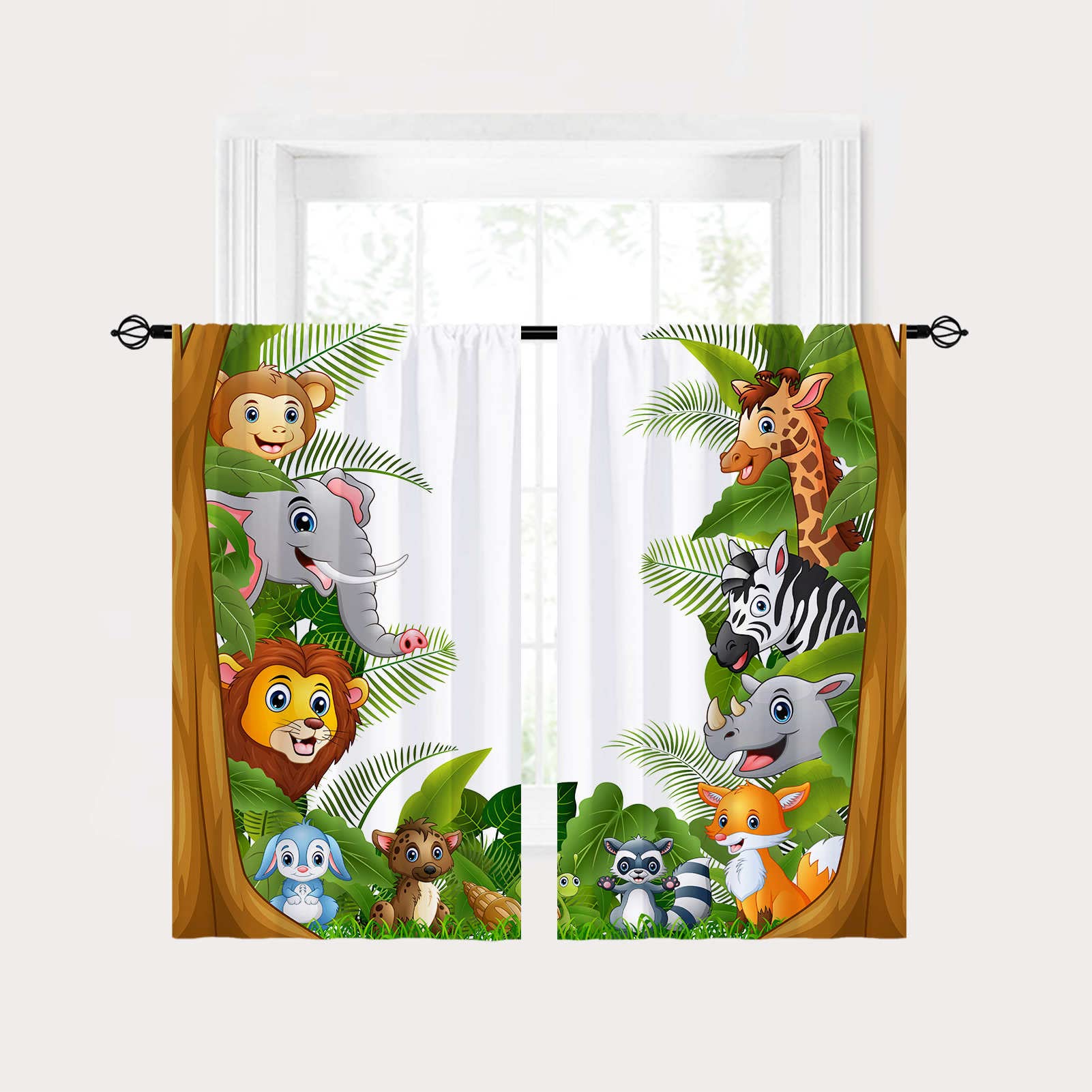 Forest Animal Curtains Rod Pocket Kids Boys Girls Giraffe Lion Elephant Monkey Zebra Rhinoceros Jungle Zoo Print Pattern Window Drapes for Nursery Baby Bedroom Playroom W28 x L48 Inch 2 Panels