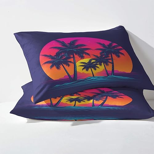 Miniatura 3 de Juego de sábanas de 4 piezas con estampado tropical de palmera y puesta de sol, tamaño Queen, juego de 4 piezas  Sábana bajera ajustable de