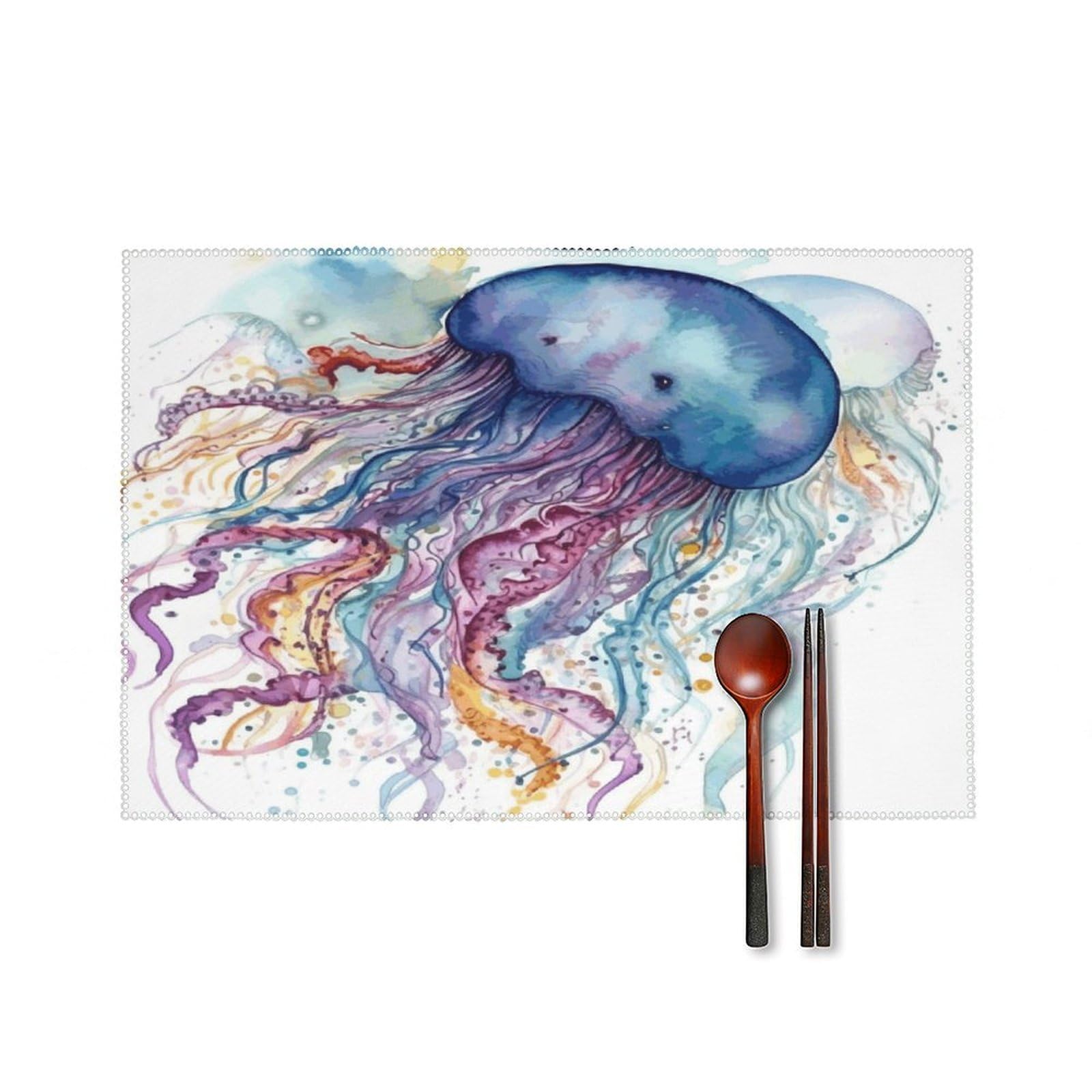 Watercolor Jellyfish Placemats Washable Canvas Place Mats Decoration Placemat for Dining Table Easy to Clean Tables Mat Set of 6 for Kitchen Dining Room Coffee Table