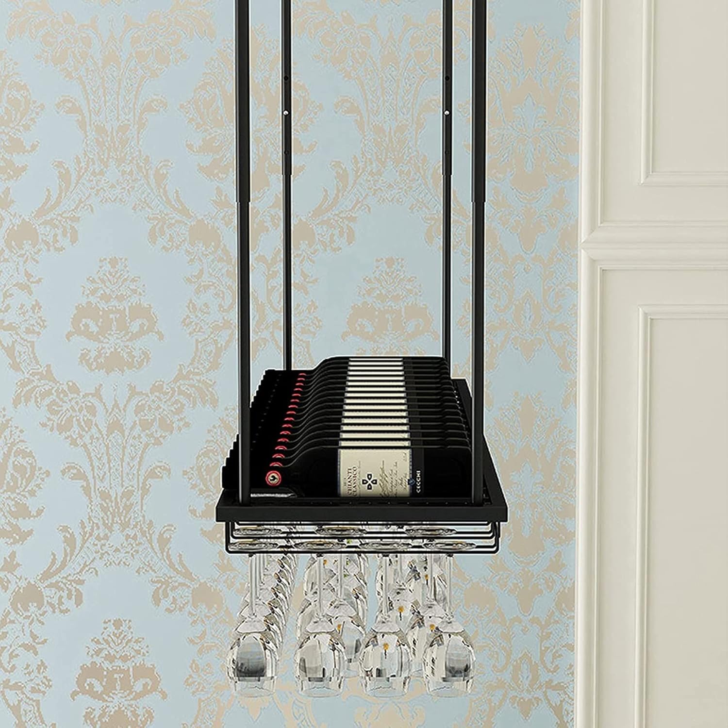 Hanging Wine Glass Holder Metal Wine Rack,Adjustable Height,Ceiling Mounted Hanging Iron Wine Bottle Holder,Stemware Goblets Holder,Wine Glass Rack,for Bars Restaurants Kitchens