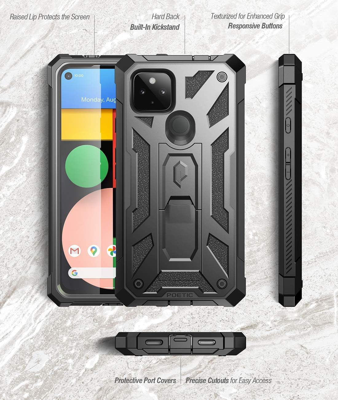 Poetic Spartan Case for Google Pixel 4a 5G 6.2 inch, with Kickstand and Built-in-Screen Protector, Full-Body Rugged Dual-Layer Premium Leather Texture Shockproof Protective Cover, Metallic Gun Metal