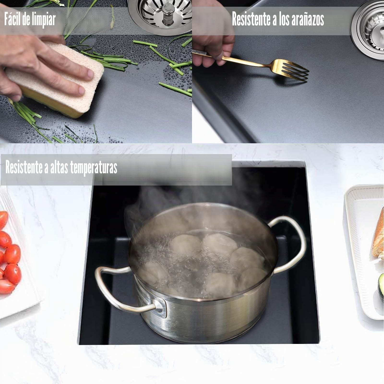 Fregadero Cocina 45x45 cm, Fregadero Bajo Encimera Granito, Negro | Compatible Instalación Empotrada y bajo Encimera, Incluye Rebosadero y Desagüe, Apto para Cocinas, Barras