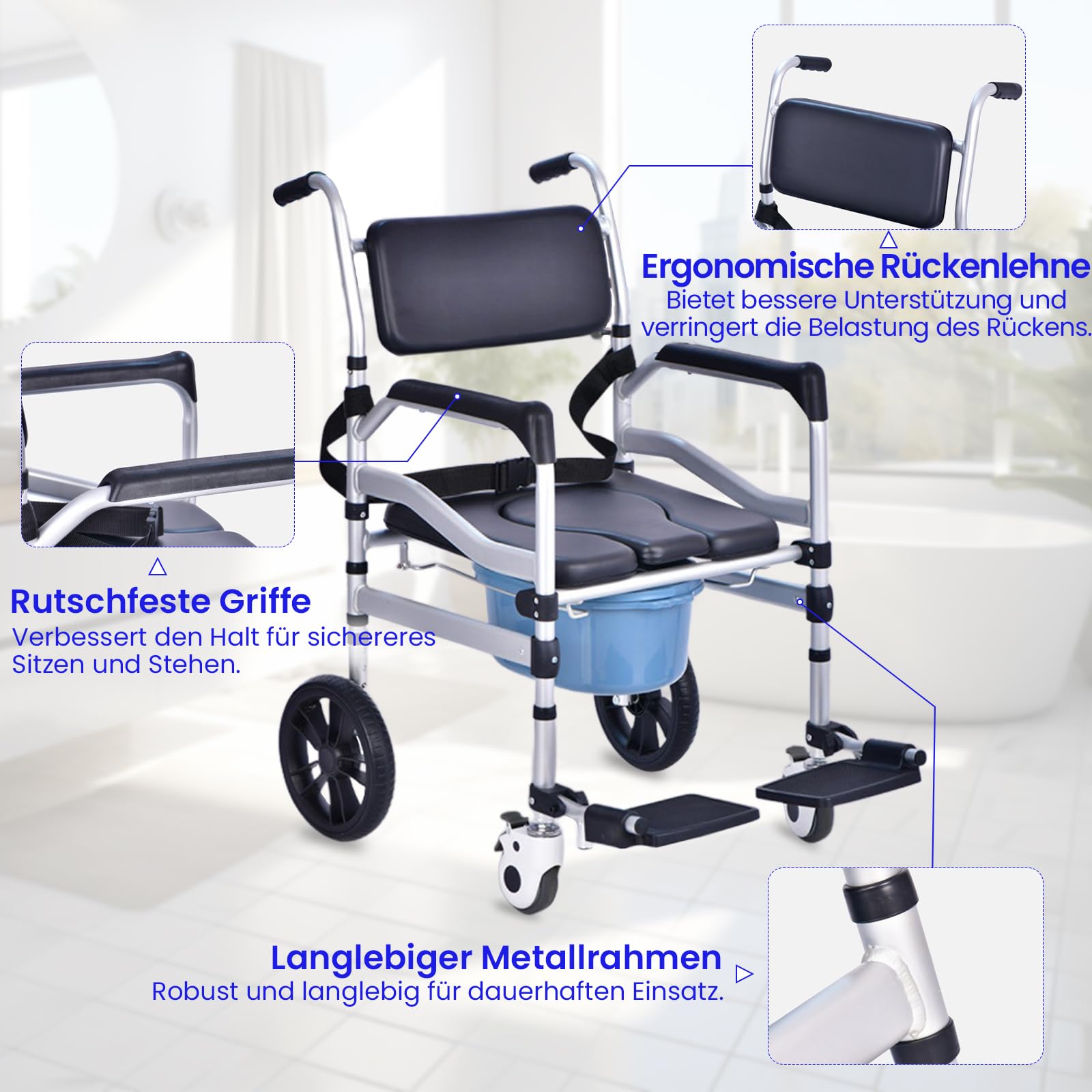 Toilettenstuhl für Senioren, Duschstuhl mit Rollen, 3-in-1 Toilettenstuhl & Duschstuhl für Senioren, inkl. Urineimer, höhenverstellbar, faltbar, mit Rollen und Armlehnen, belastbar bis 136 kg