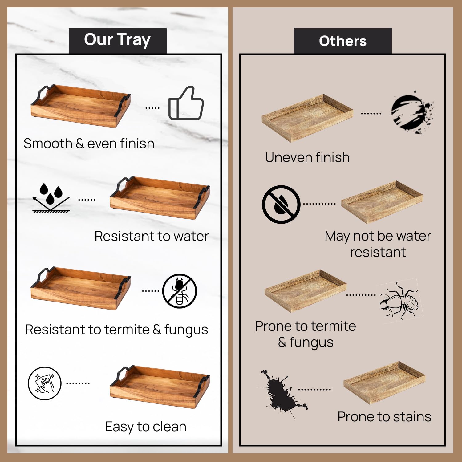 Nestroots Tray for Serving Wooden Tray for Serving Set of 2 Tea Trays for Serving Platter | Server for Dining Table Gold Handle | Brown, 15 x 12 inches - Image 6 thumbnail