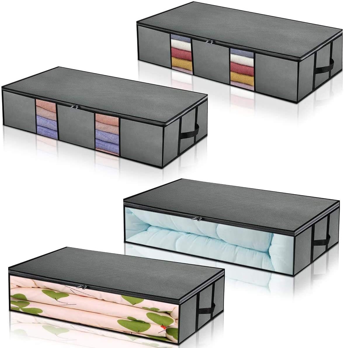 Hercugifts Underbed Storage Bags Long Under The Bed Organizer Storage Container 4pack for Comforters,Clothes,Blanket, Foldable with Clear Window Dark Grey