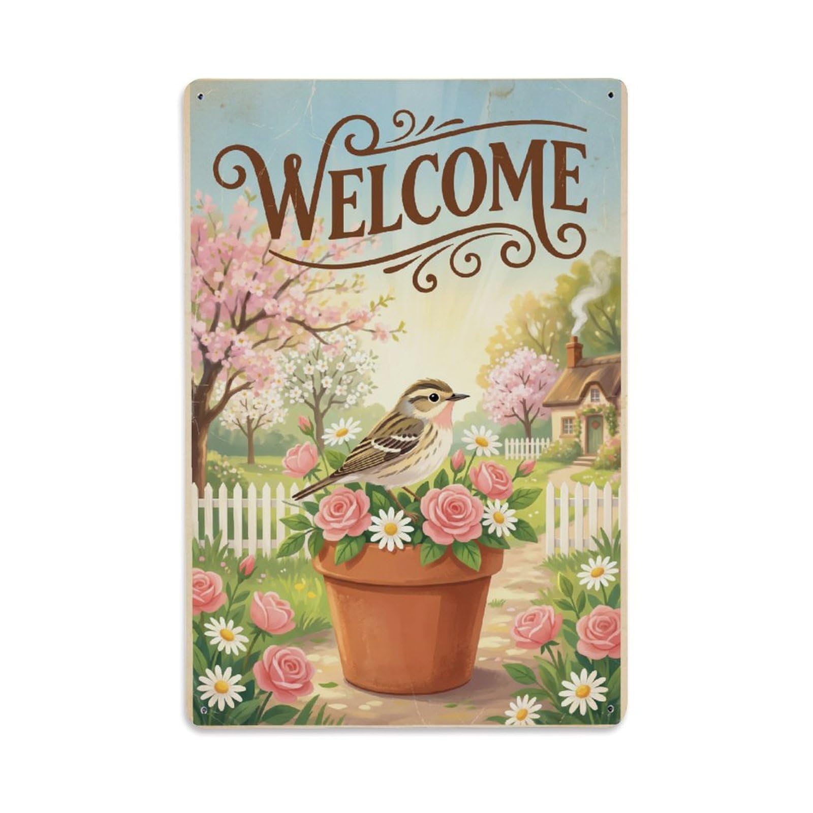 Cxhjca 8X12inch(20X30cm) Vintage Welcome Warbler Spring Garden Metal Tin Sign