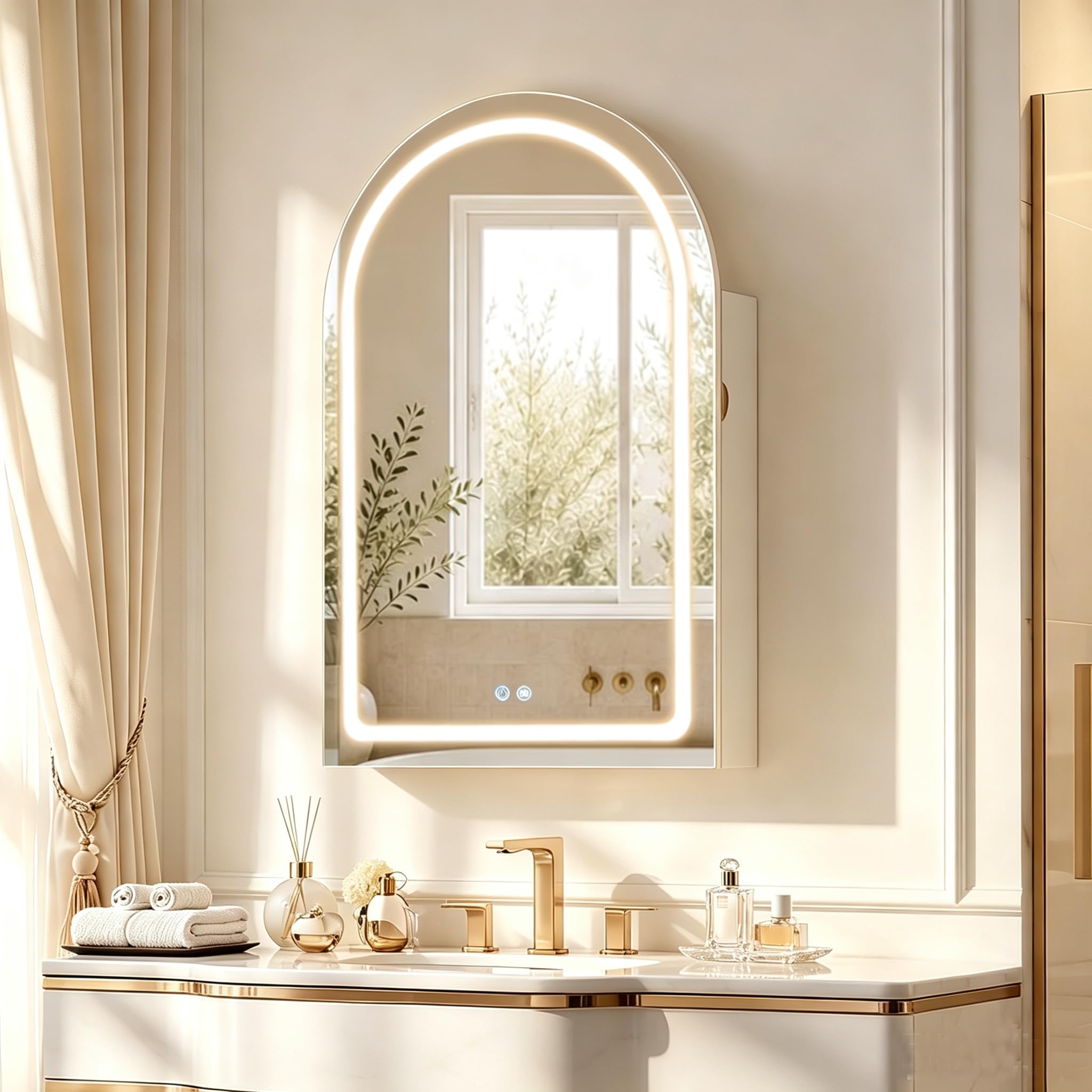 LEMROE Specchio Bagno Contenitore,Specchio curvo, con presa, luce a LED