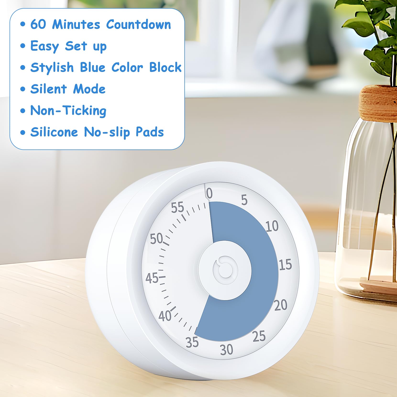 HAUKINIX Visual Timer 60 Minute Countdown Timer for Kids w/Silent Mode, Time Management Tool No Ticking Visual Timer for Autistic ADHD, Kids and Adults, Blue