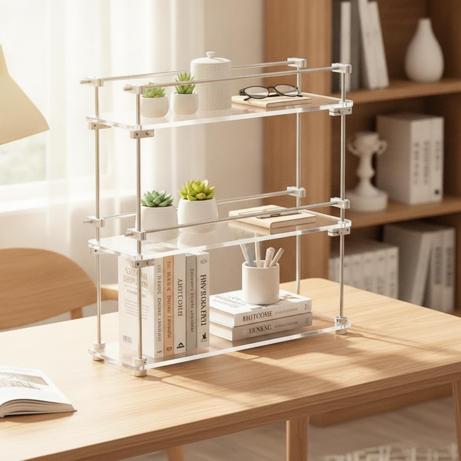 F Fityle Estantería de Almacenamiento Movible Estante Organizador Repisa Exhibidora Soporte Vertical Acrílico con Esquinas Metálicas Ahorro de Espacio en