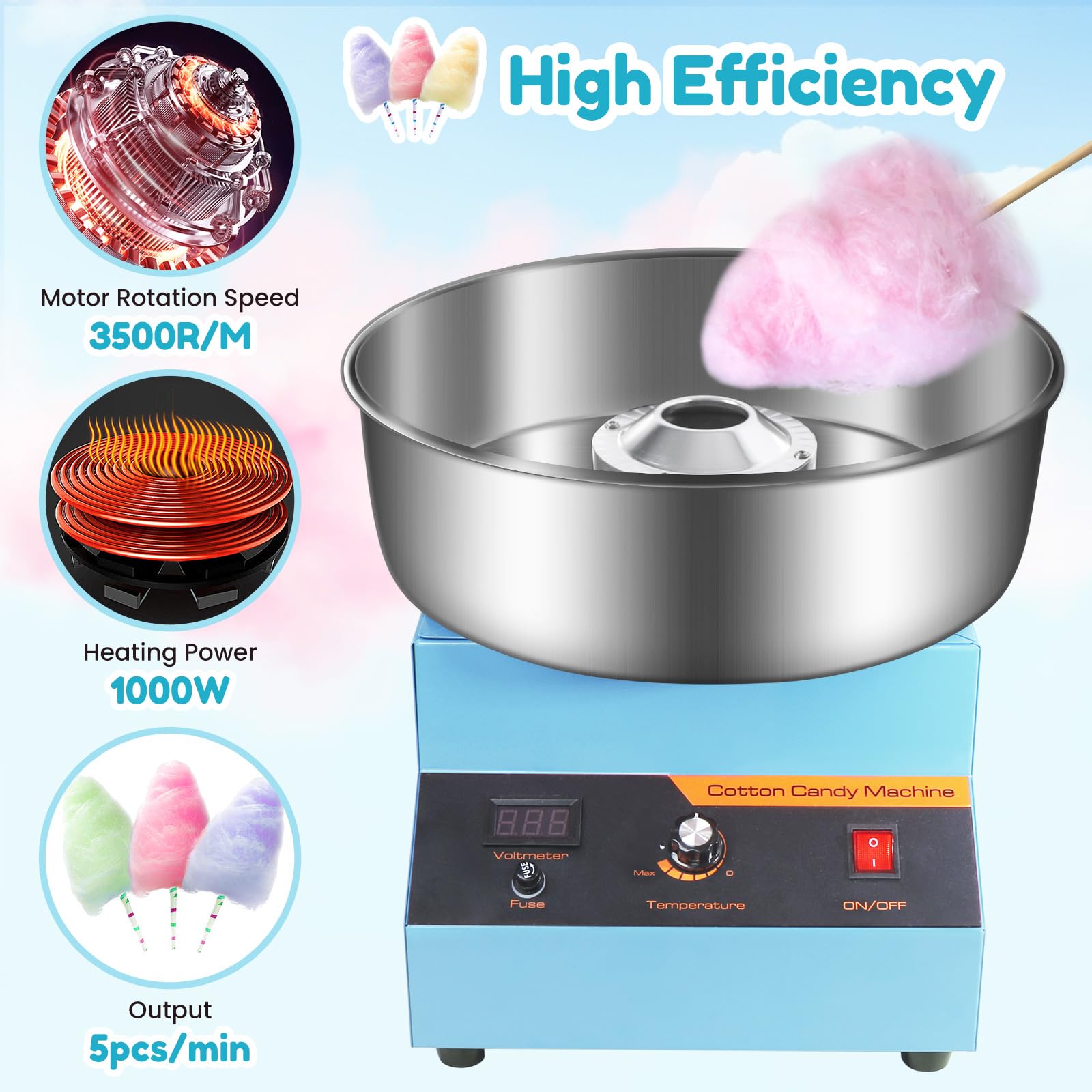 Machine à Barbe à Papa, Acier Inoxydable, 1000 W, Appareil à Barbe à Papa Commercial, Cotton Candy Machine pour Fêtes Foraines, Anniversaires et Événements, bleu