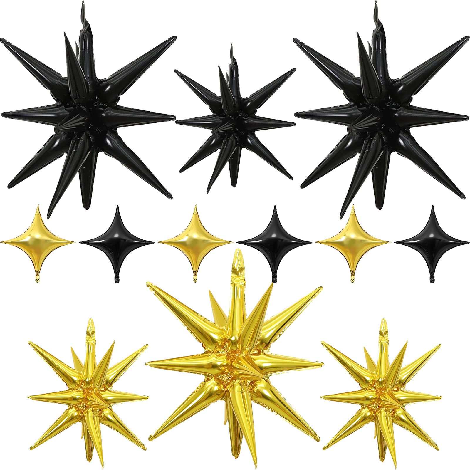 Black Gold Star Balloons 12pcs, One-Piece, 27/22 Inch Foil Star Explosion Balloons, Large Spike Mylar Cone Balloon, Fireworks Shape Balloon Decor for Retirement Anniversary New Year Wedding