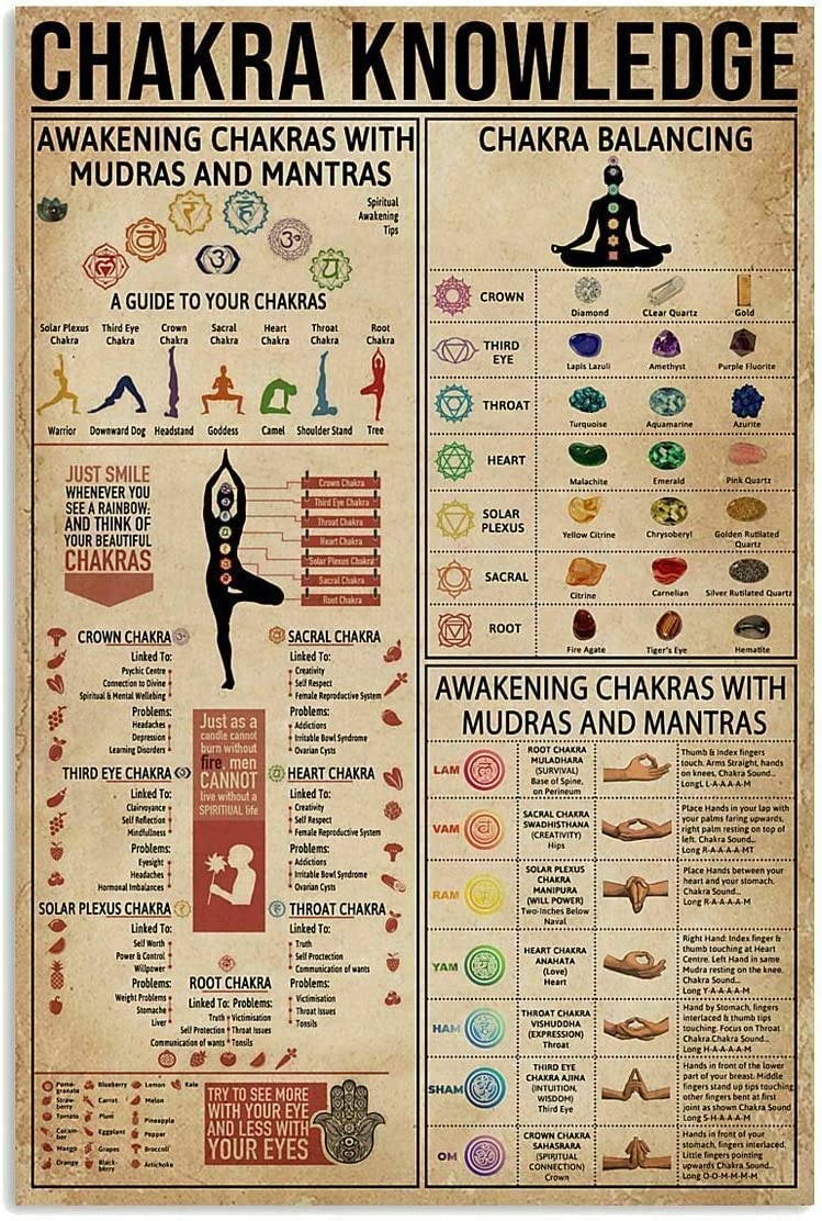 rayprint Wall Hanging Sign Chakra Knowledge Retro Metal Sign Yoga Studio Tin Poster Yoga Chakra Reference Infographic Plaques Home Club Farmhouse Art Decor 12x16inches